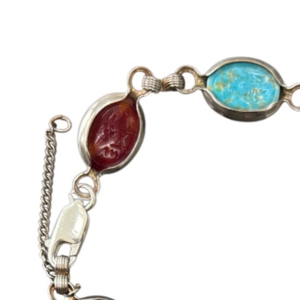 Vintage Scarab Bracelet Silver Retro Jewelry 60s MCM Carved Multicolor Stones - Picture 9 of 12